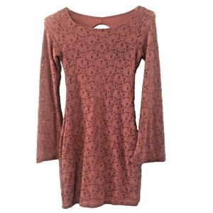 Moda Intl Dress Sm Mauve Pink Lacey Floral Cutout Back Keyhole Bell Sleeves Sexy